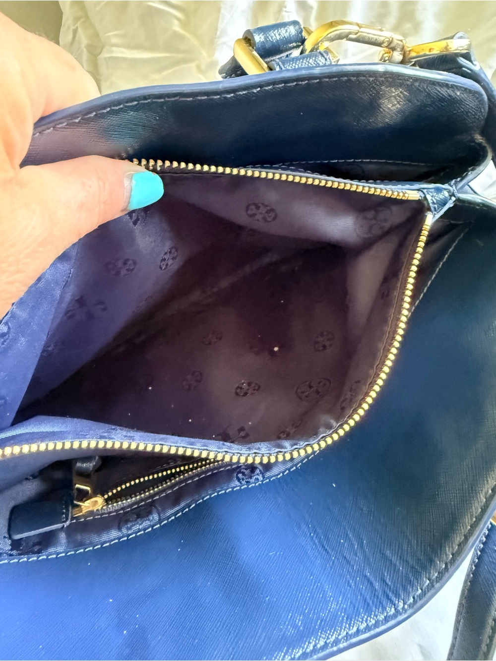Tory Burch Navy Saffiano Leather Dome Satchel with Gold Hardware - Picture 8 of 12